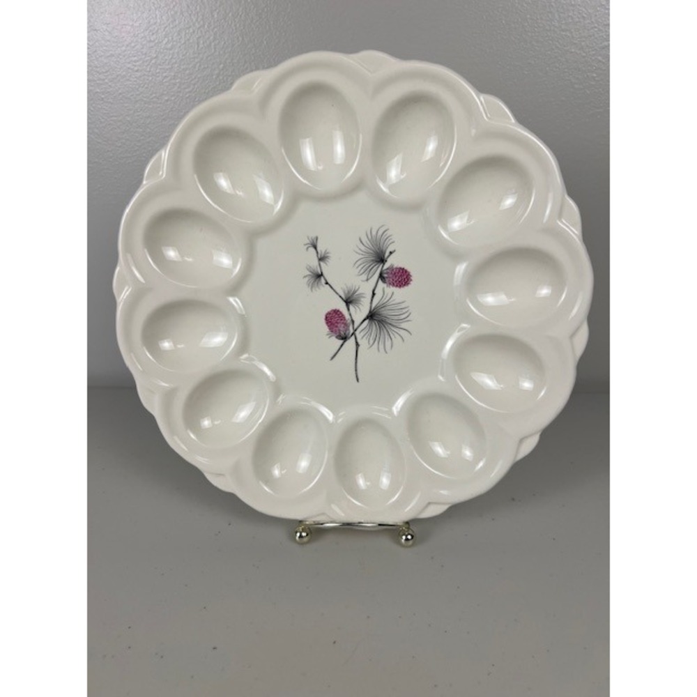 Vintage Ceramic Deviled Egg Platter White Scalloped Pinecone Botanical 9 in